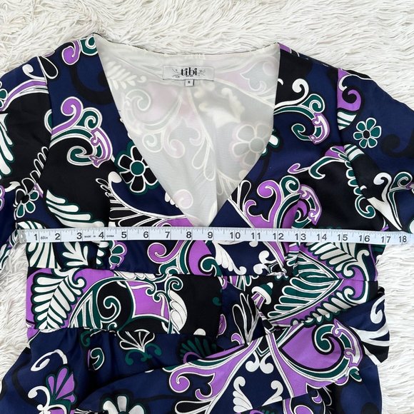 EUC Tibi Silk Paisley Navy & Purple Tie Front Tunic Top 3/4 Sleeve Sz Small - Picture 9 of 13
